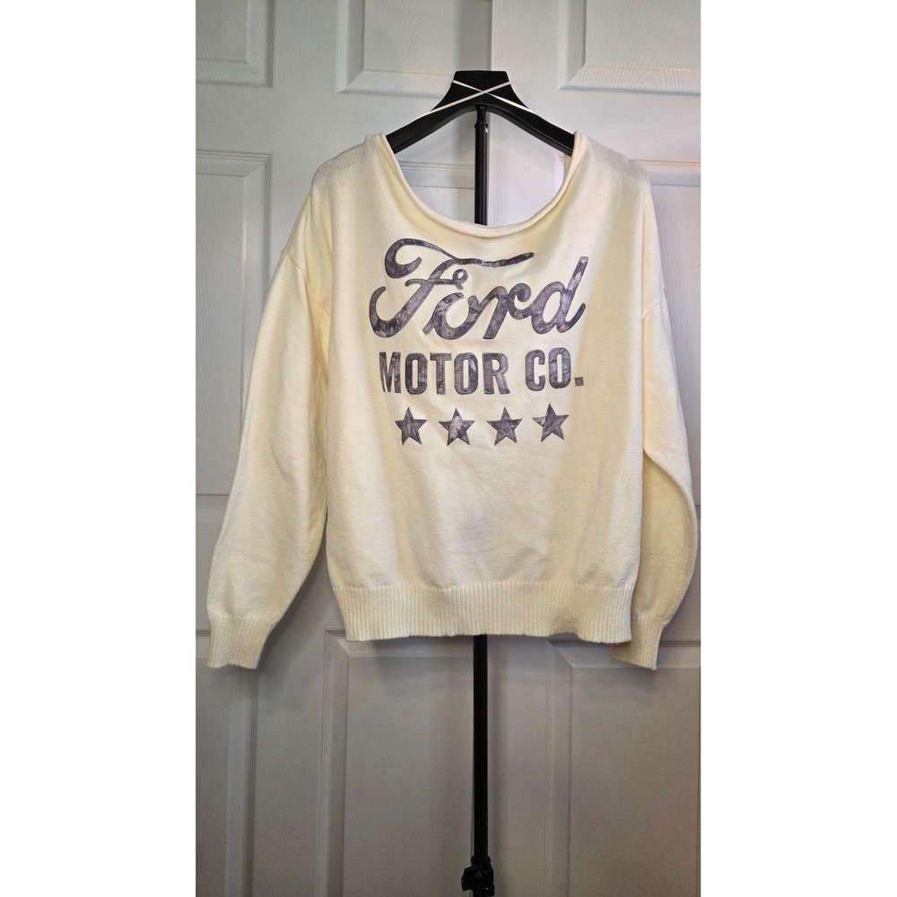 Ford Motor Co Graphic Sweater Whisper White Off Shoulder Knit Large